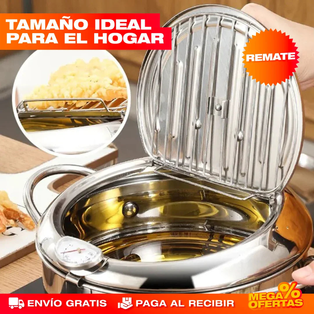 Olla Freidora con Termómetro de Acero Inoxidable