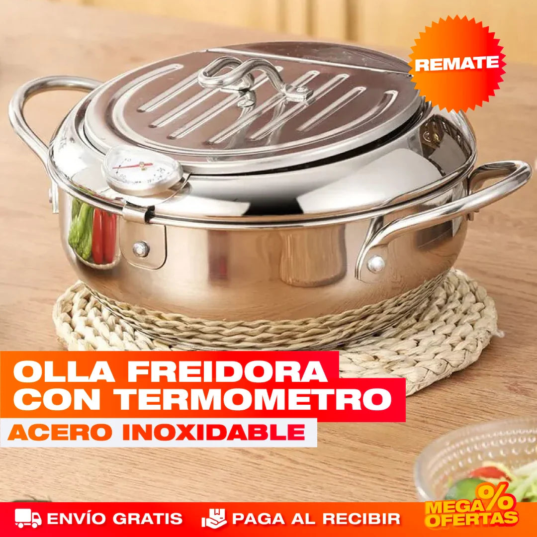 Olla Freidora con Termómetro de Acero Inoxidable